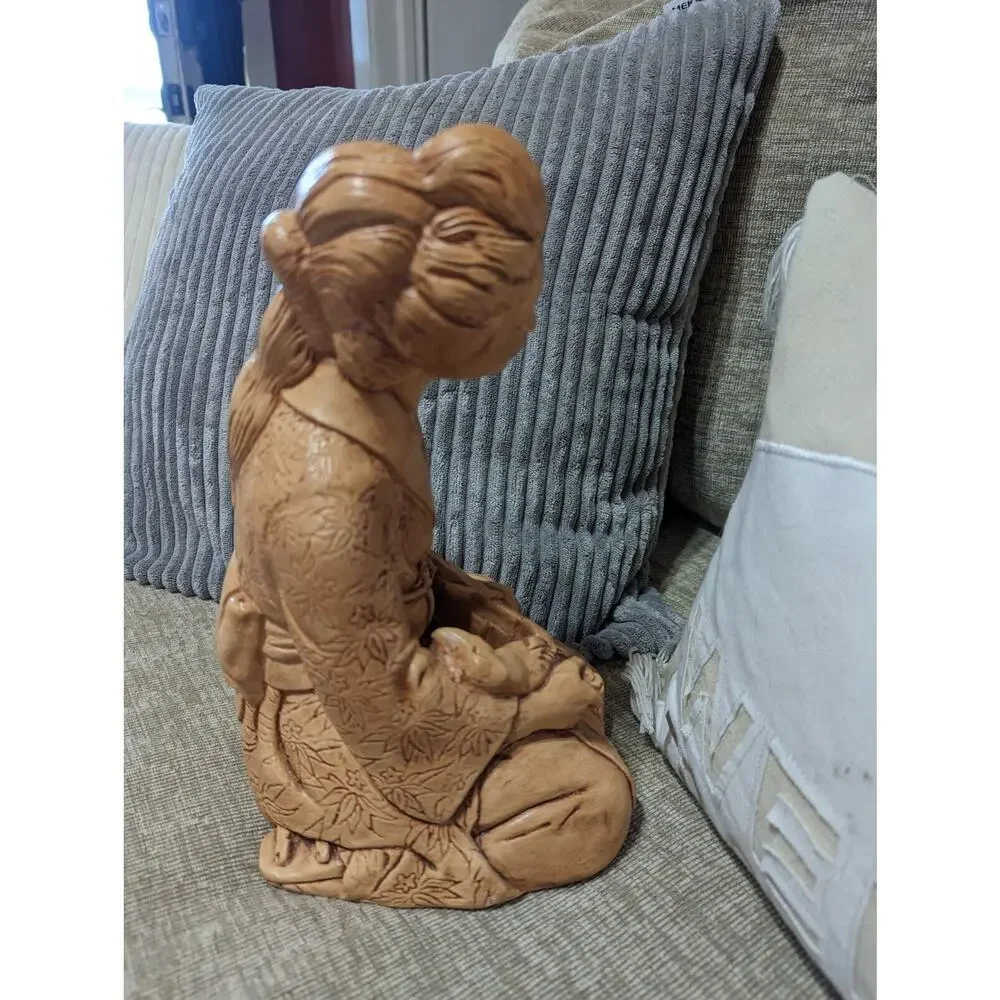 Rare Vintage Asian Geisha Figurine Woman Painting Duck 10 in Tall Mid-Century